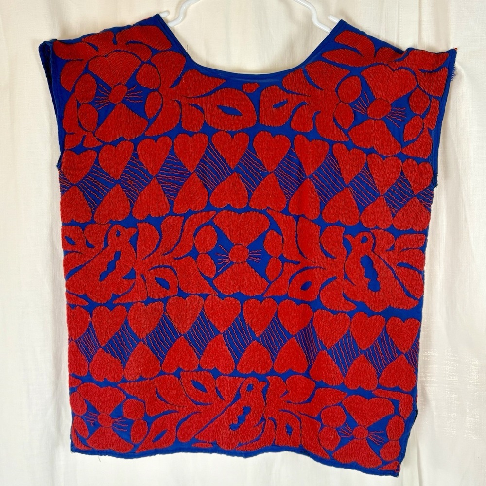 Vtg Mexican Huipil Top Hand Embroidered Floral Bird Heart Boho Folk Blue Red M